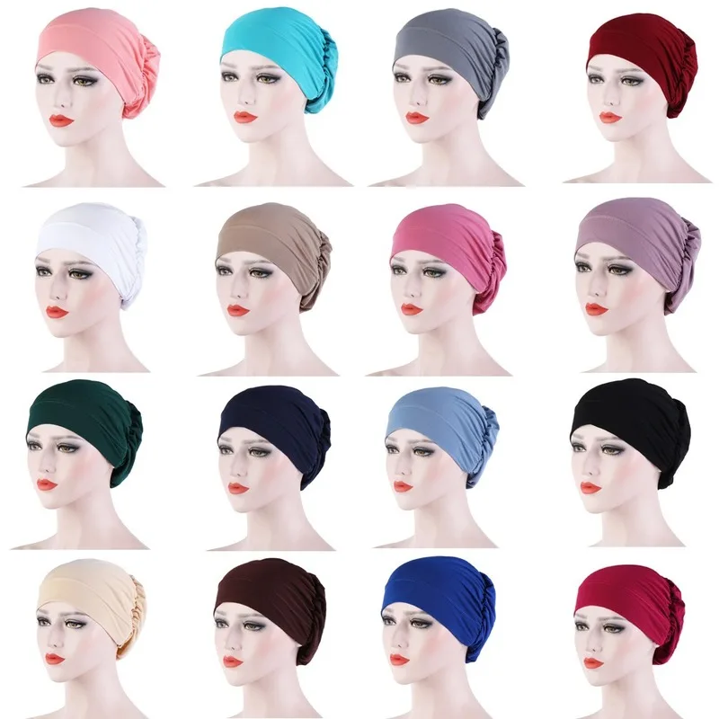 

2020 New 16 Colors Solid Cap Spring Elegant Stretch Scarf Hat Chemo Cap Muslim Turban Hijab Headband Fashion Hair Accessories