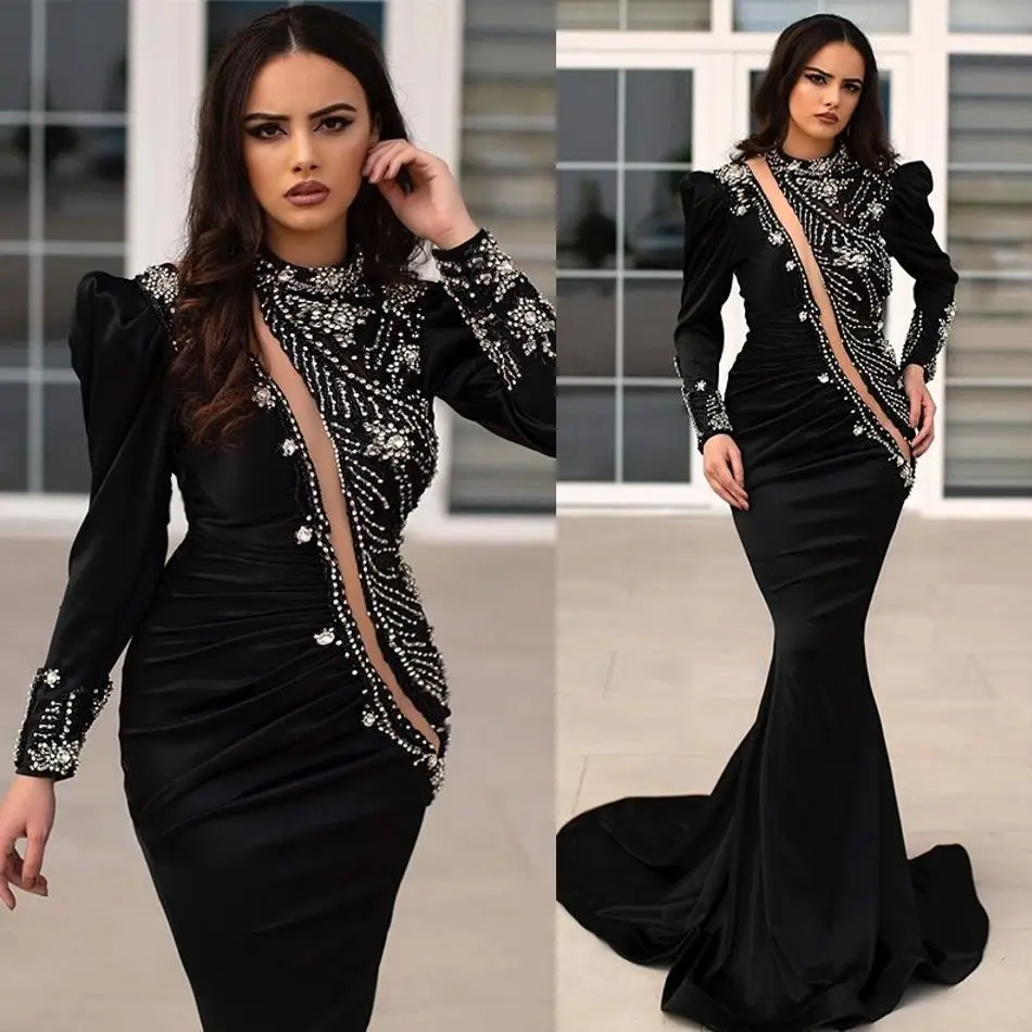 Major Beading Black Mermaid Evening Dresses High Collar Long Sleeve Crystal Beading Prom Gowns Mermaid Formal Runway Fashion