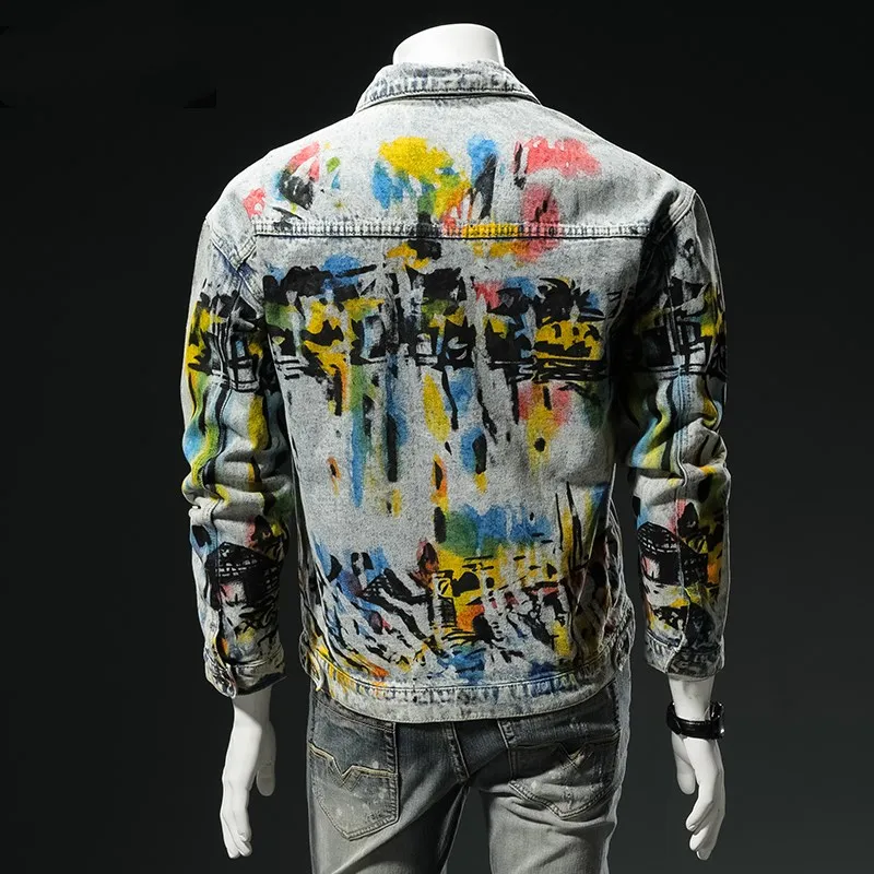 

ABOORUN Men's Fashion Denim Jackets Graffiti Painted Denim Jackets Hip Hop Brand Cotton Coat for Male