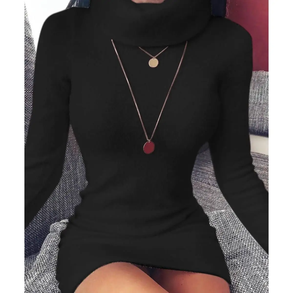 Женское облегающее платье с длинным рукавом теплое однотонное мини-платье