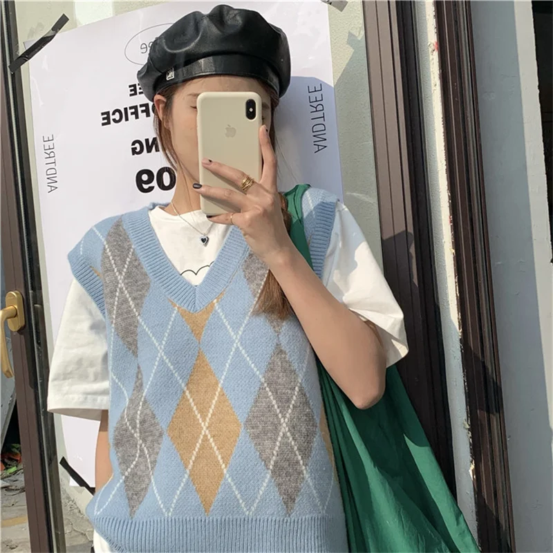 

Knitted Sweater Vest Women 2021 South Korea New Style V-Neck Early Spring Rhomboid Outer Wear And Inner Sweaters T177