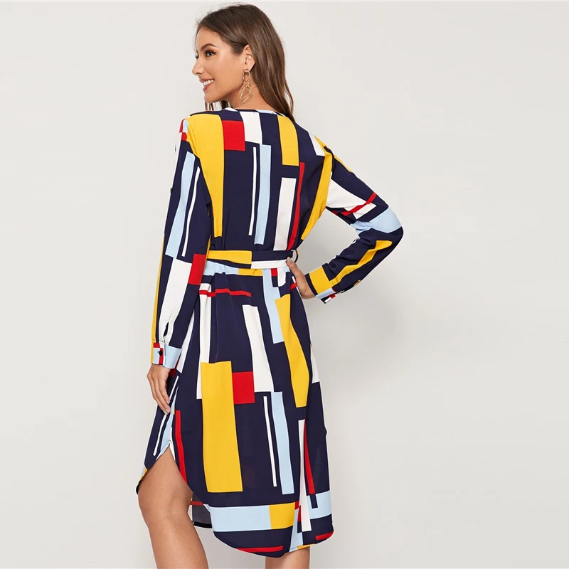 SHEIN модное Повседневное платье с v-образным вырезом и цветными блоками, с поясом, для женщин, осень, закатывающиеся рукава, пуговицы сбоку, прямые платья миди