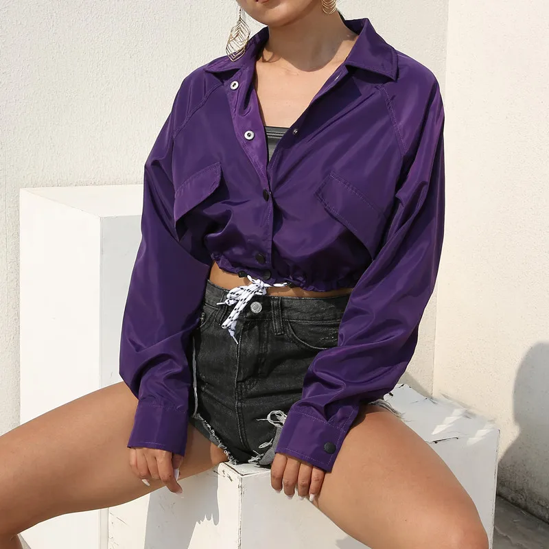 

Mayata Purple Long Sleeve Short Jacket Women Jackets Basic Drawstring Button Pockets Turn-down Collar Autumn Coat Femme