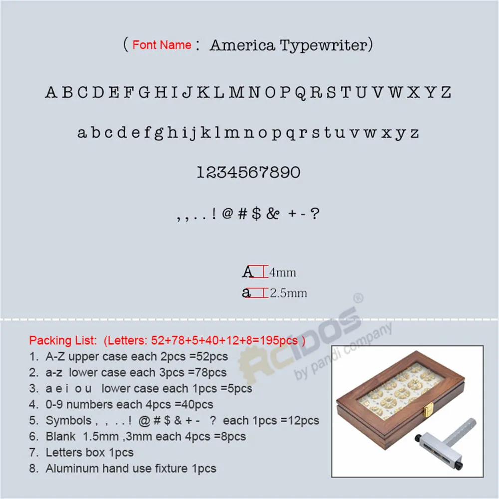 RCIDOS-letras estampadas de aluminio para grabado CNC, set de 195 unids/set, con caja y mango, apto para m&aacute;quina Movego-3