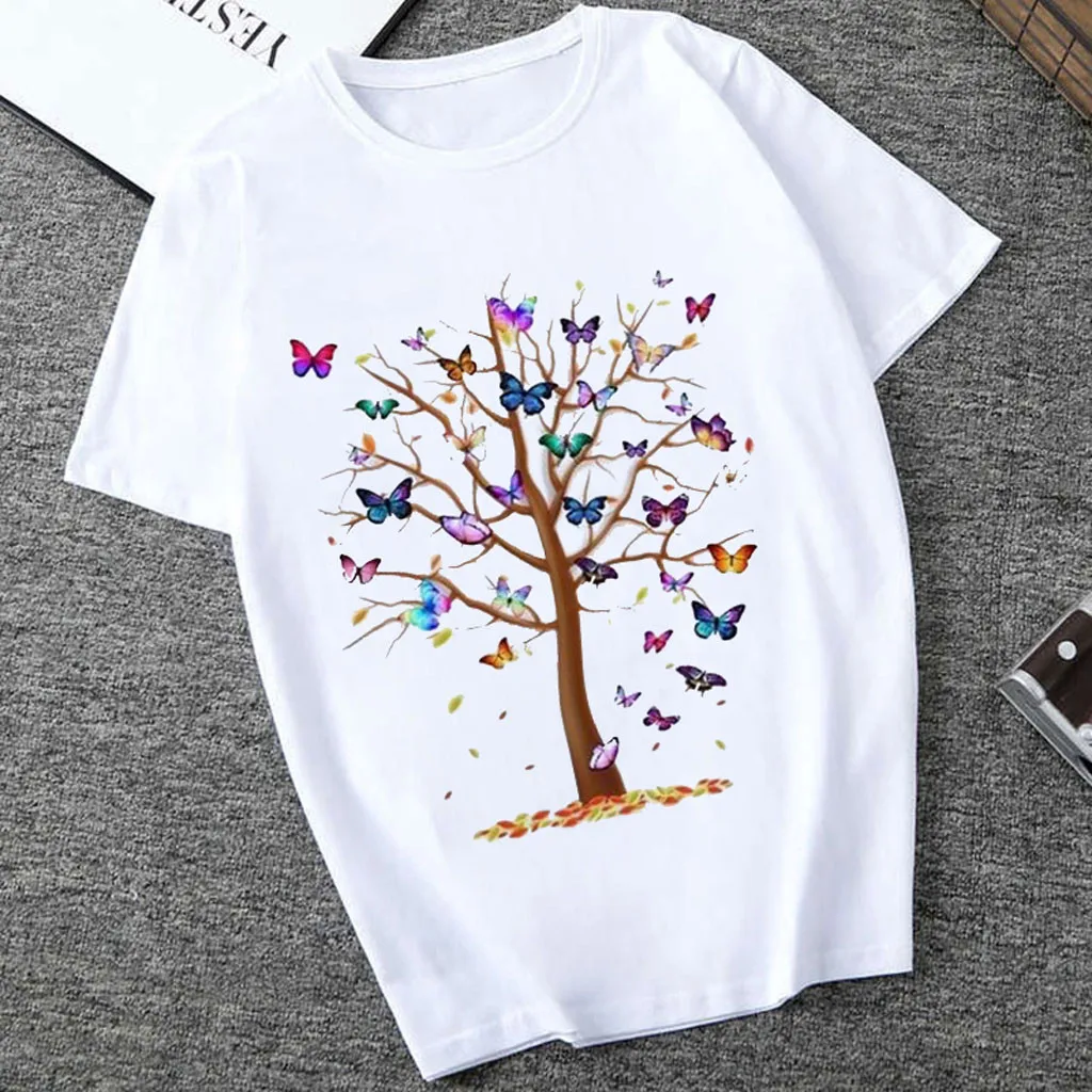 

Woman Butterfly Tree Print Harajuku Summer Tshirts Casual Round Neck Short Slee Top Tee Shirt,Drop Ship