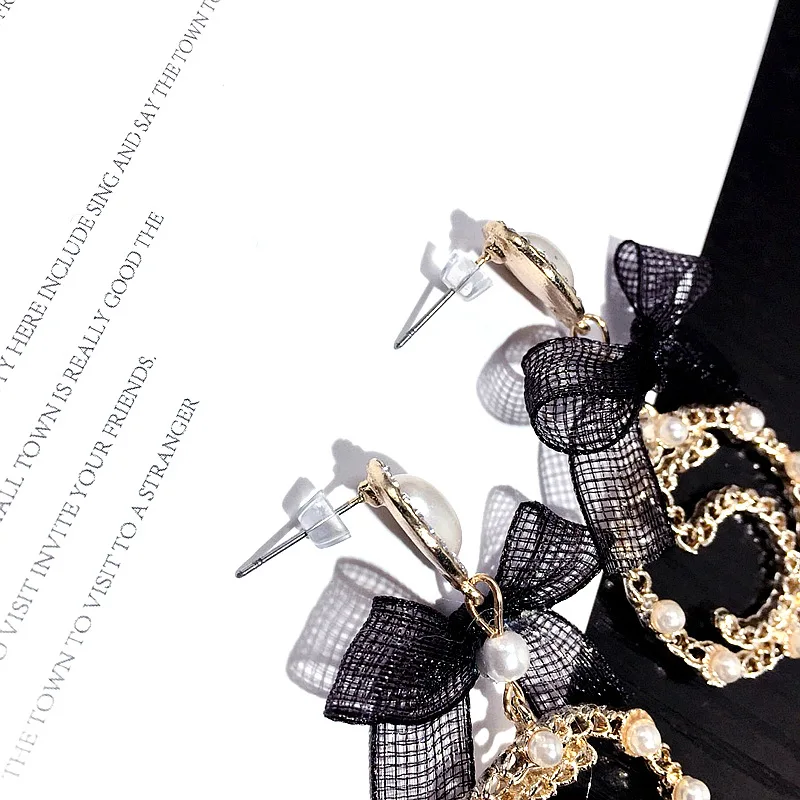 Большие висячие серьги с бантом cc NO.5 длинные жемчугом | Украшения и аксессуары