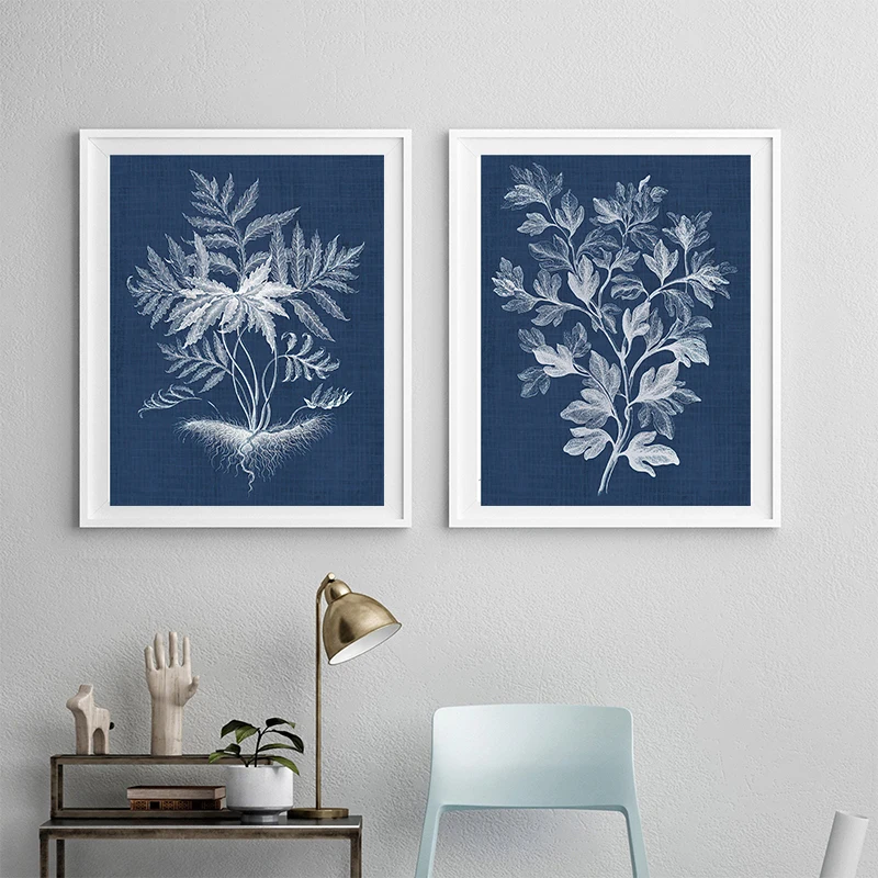 

Watercolor Blue Botanical Leaf Poster Minimalist Nordic Flowers Plant Canvas Painting Wall Art Pictures for Living Room Decor