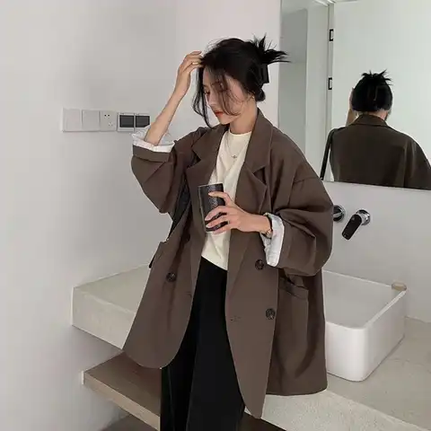 Пиджак женский оверсайз однотонный, элегантная верхняя одежда в стиле ретро, офисное пальто, модный Свободный Универсальный костюм для жен...
