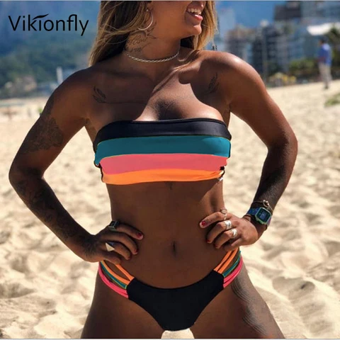 Vikionfly Sexy Bandeau Bikinin 2023 Women Swimsuit Printed Stripe Strapless Brazilian Swimwear Bikini Set Bandage Bathing Suit