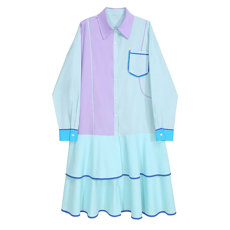 

SuperAen 2021 Spring New Fashion Color Matching Turn Down Collar Loose Shirt Mid-Calf Dress for Women