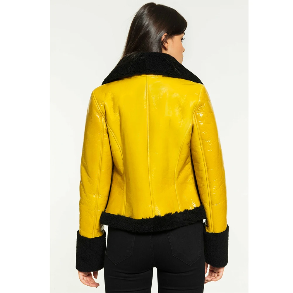 2019 New Womens Casual Shearling Coat Turkey Yellow Leather Jacket Short Fur Jacket Womens Winter Coats