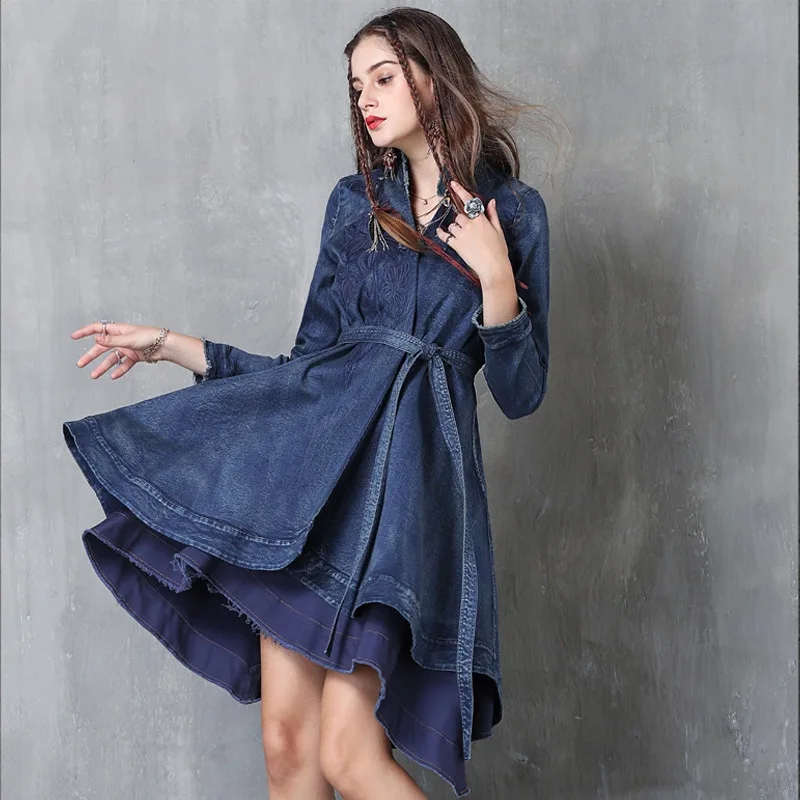 

Fashion Vintage Jeans Dress Women Clothes Spring Autumn Mandarin Collar A-line Dresses Irregular Cowboy Long Dress Rope Mujer