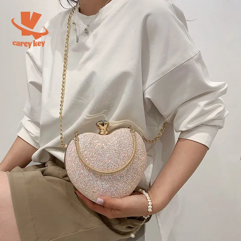 

CAREY KAY Women Heart Fairy Evening Bags With Handle Korean Lock Handbag Purses Chain Crossbody Bags Shiny Luxury Banquet Bags