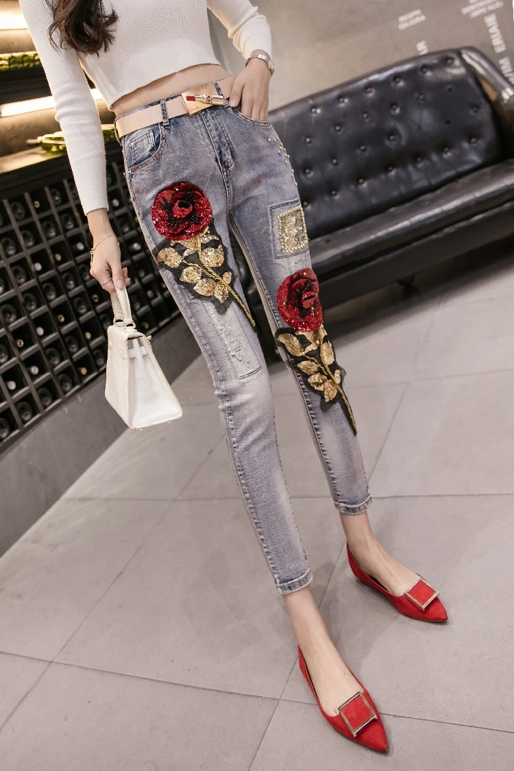 

Skinny Pants Jeans Women 2019 Spring Summer New Embroidered Rose Jeans Girls Ladies Pencil Pants Jeans Mujer Plus Size Women
