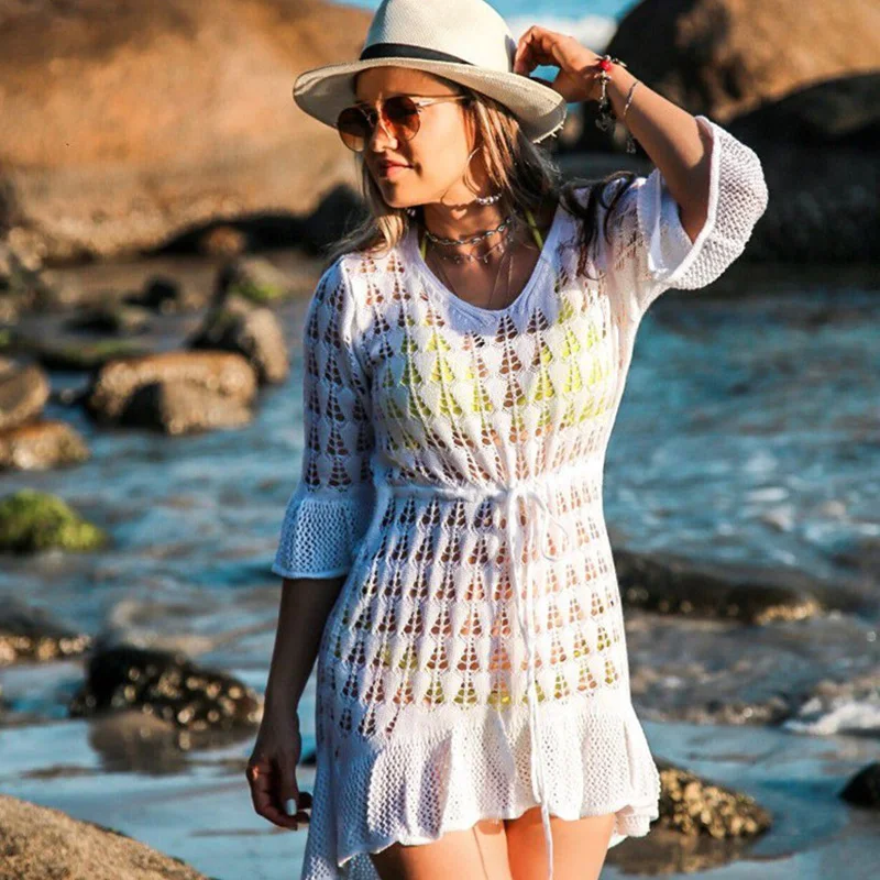 VITIANA пляжные мини-платья для женщин 2020 женские вязаные крючком Белые платья