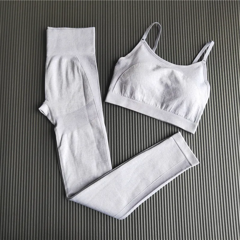 light gray Спортивная одежда для женщин, спортивный бюстгальтер+ леггинсы с высокой талией, комплект из 2 предметов, спортивный костюм для фитнеса, комплект для спортзала, бесшовная одежда для йоги, спортивная одежда - Цвет: light gray
