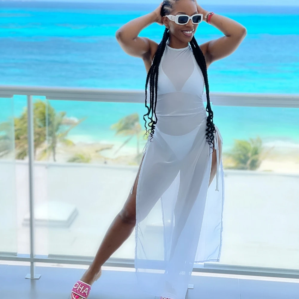 

3 Piece Bikini Set And Long Dress Sets Women Summer Beach Cover Up Sundress Boho Sheer Maxi Dresses Retro Club Party Cover-up
