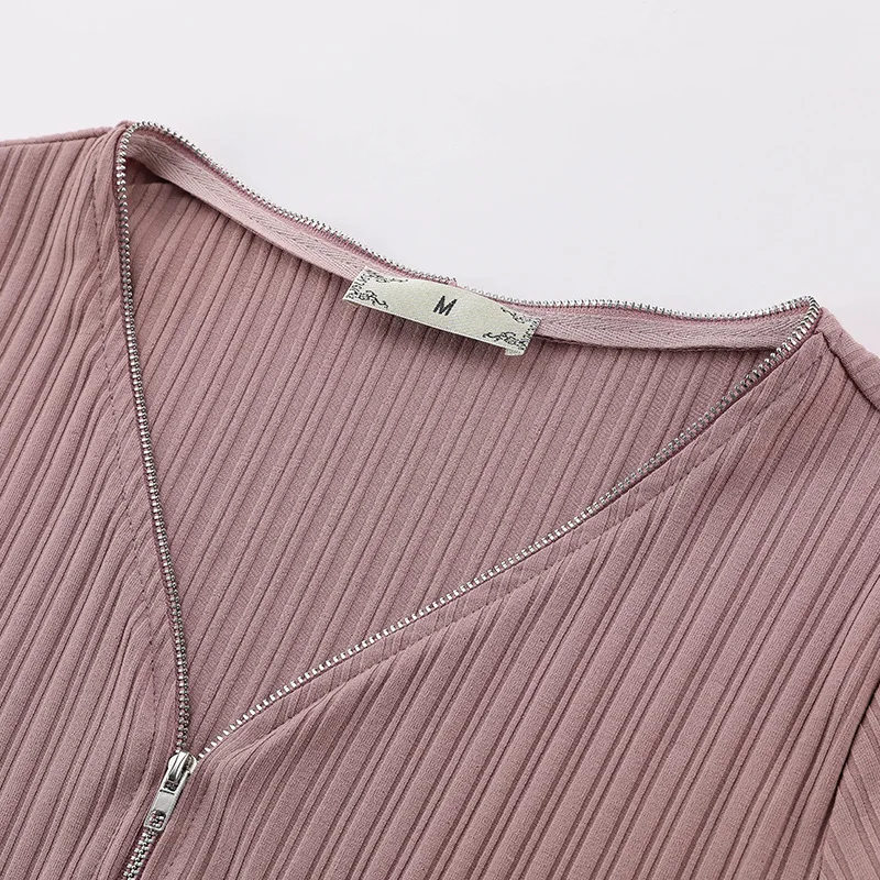 

Plus Size Women Clothing Knitted Ribbed Ladies Blouses And Tops Striped Black Pink V-neck Nine Quarter Sleeve Oversize Shirt