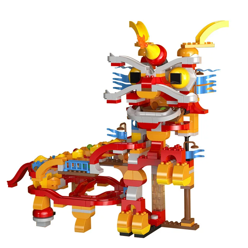 

Chinese Style Lion Dance Building Blocks Large Particle Diy Slide Blocks Children Assembled Educational Blocks Boys Girls Toys
