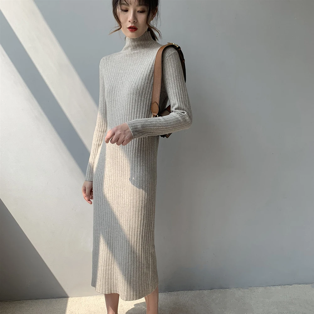 2019 вязанное осеннее платье-свитер с длинным рукавом женские пуловеры высоким