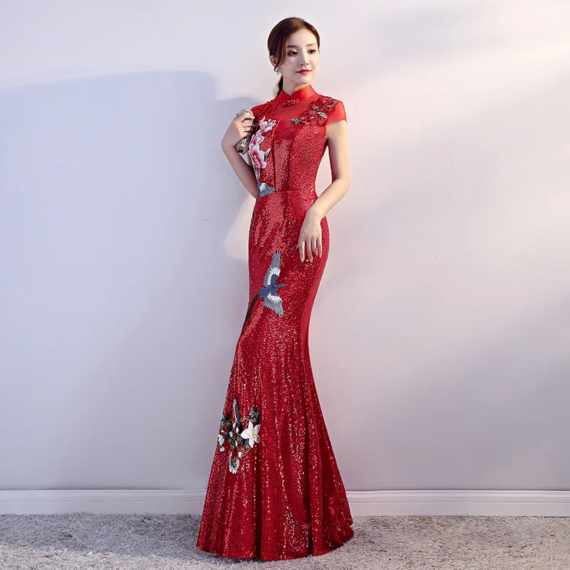 Красное женское вечернее Ципао длиной до щиколотки свадебное платье элегантное