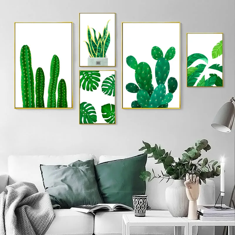 Green Tropical Plants Leaves Cactus Wall Art Canvas Painting Nordic Posters And Prints Pictures For Living Room Home Decor | Дом и сад