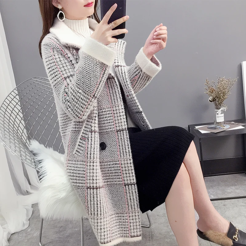 

Mink Velvet Plaid Woolen Coat Female Autumn Winter Coat 2021 Fashion Long Loose Woolen Coat New Long Sleeve Cotton Coat Parkas