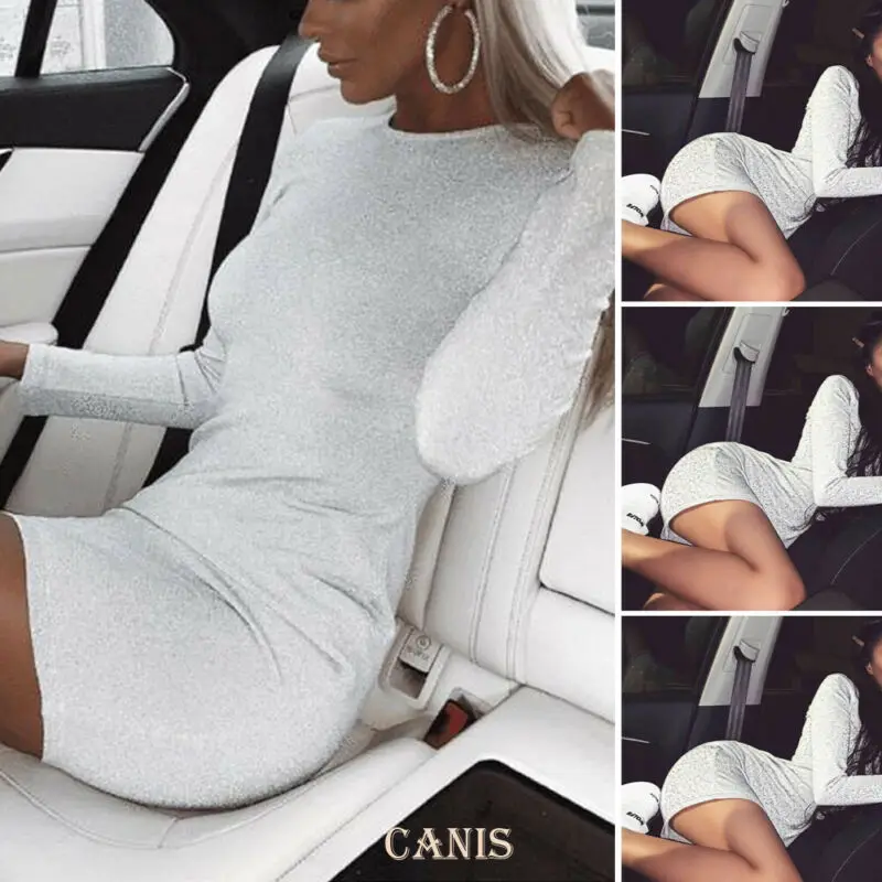 Сексуальное женское облегающее платье с длинным рукавом и круглым вырезом