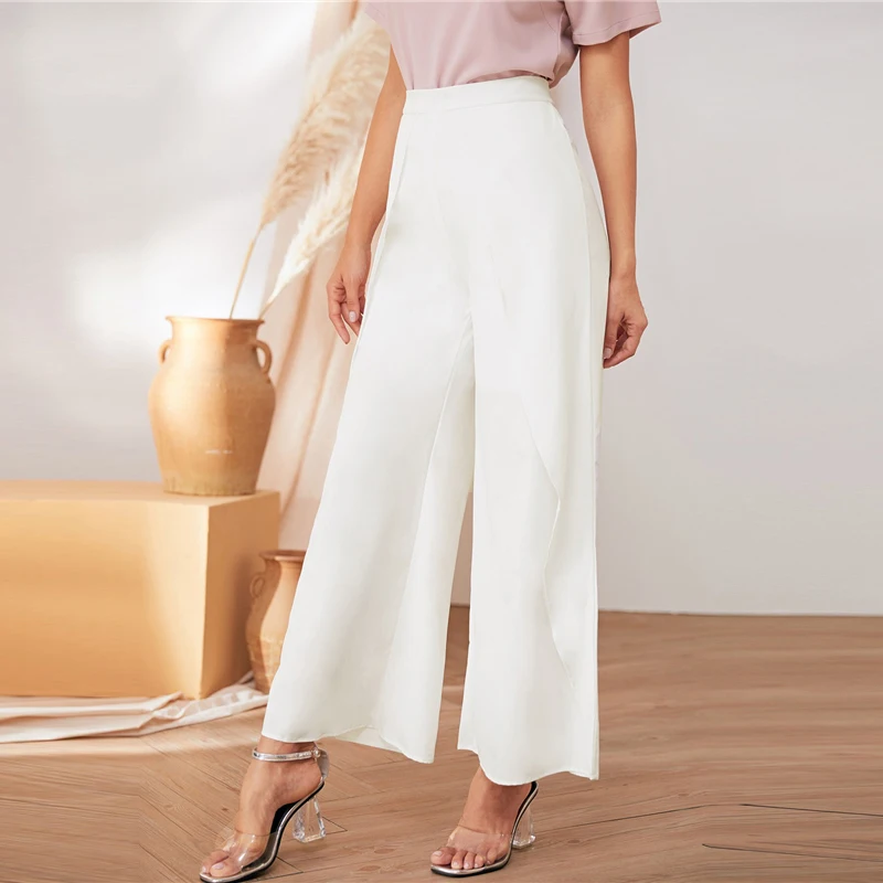 SHEIN белые Однотонные эластичные талии повседневные свободные длинные брюки женские брюки осенние широкие брюки с воланами для офисных дам