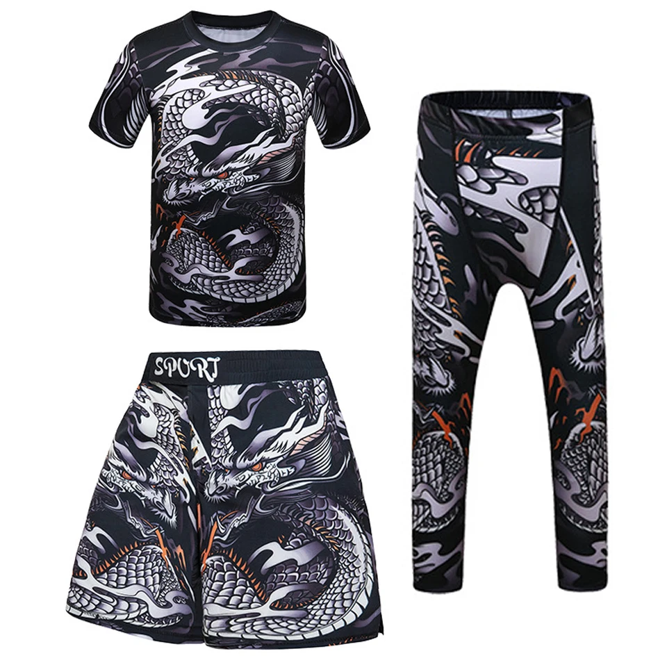 Фото Дети Bjj Рашгард джиу джитсу MMA футболка + брюки кикбоксинг наборы Мальчик Тренажерный зал Дети Муай Тай шорты ММА одежда компрессионные колг... №2