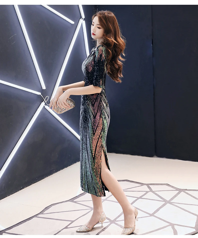 Robe De Soiree Новое Сексуальное вечернее платье с блестками, о-образный вырез, половина рукава, макси платье, вечерние платья для выпускного вечера AE474