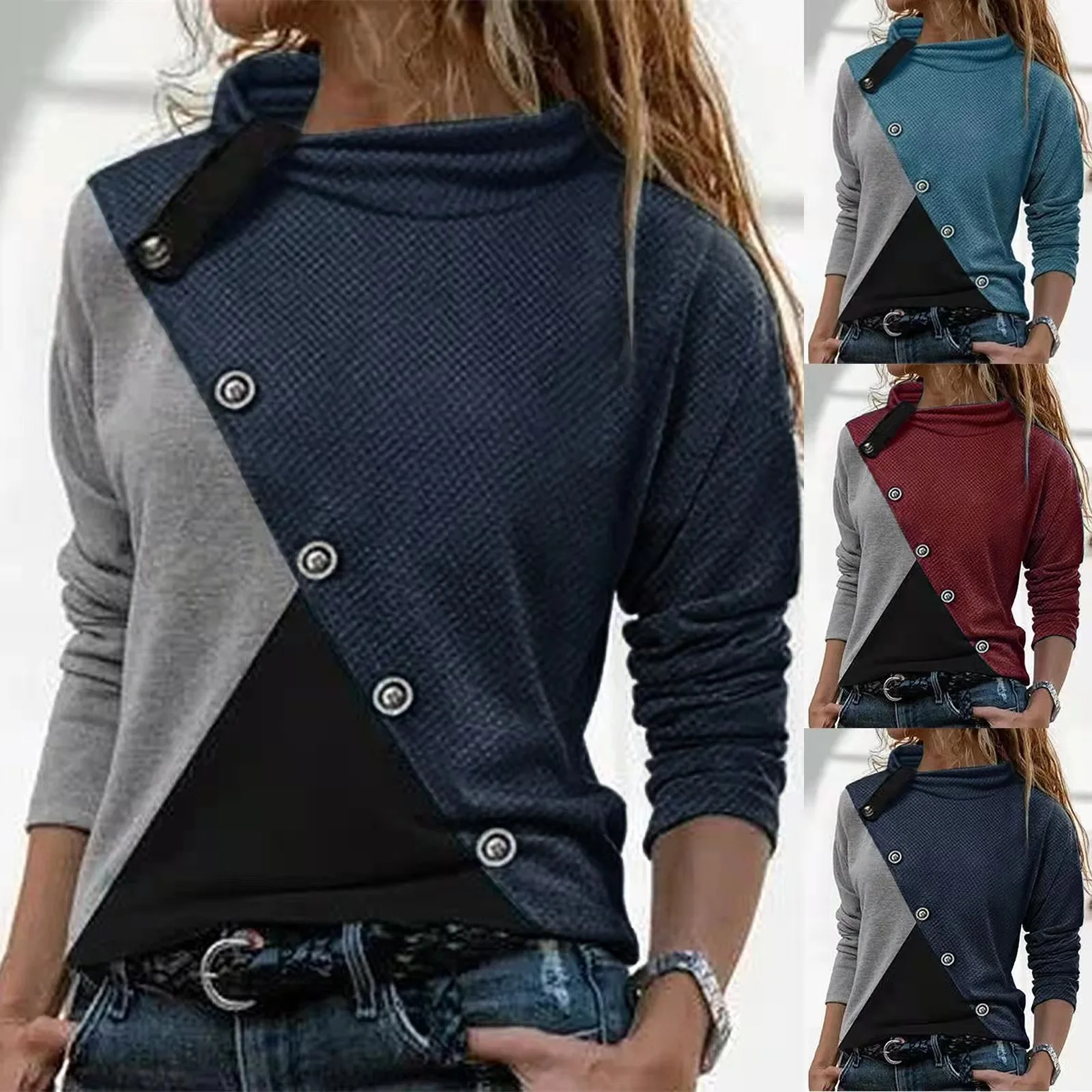 

Long Sleeve Irregular Diagonal Button Knit Sweater Women