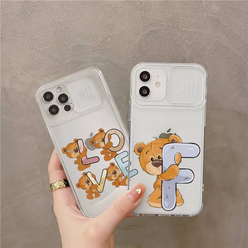 

Luxury bear letters Phone Case Transparent Camera Protection for iPhone 12 11 8 7 se 2020 mini pro X XS XR MAX Plus