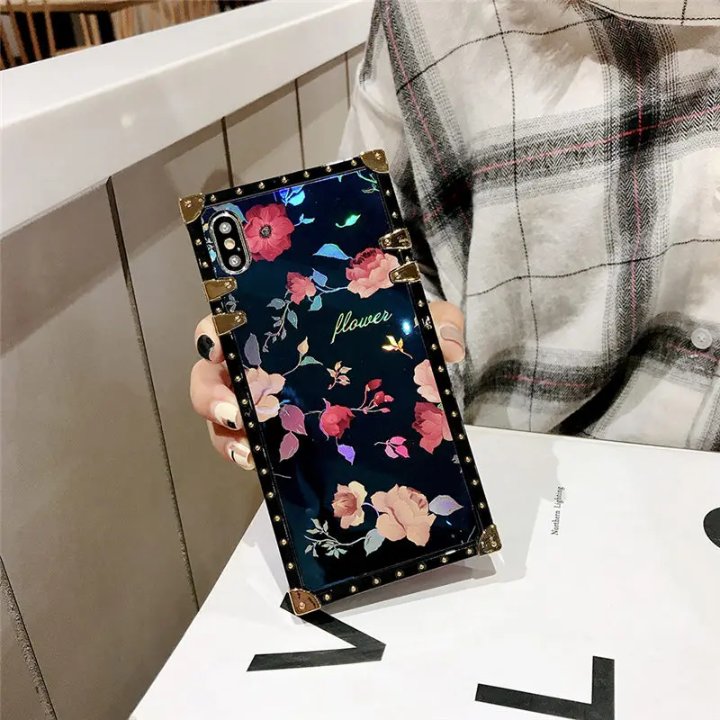 Чехол для iPhone X Xr Xs Max 11 Pro квадратный Винтажный чехол с голубыми розовыми цветами 7
