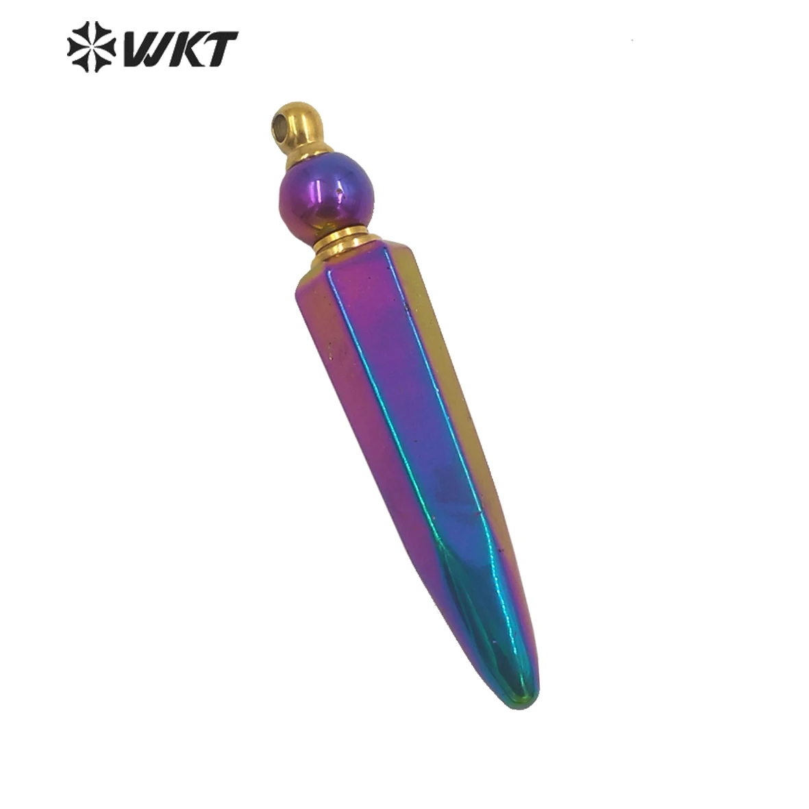

WT-P1643 Wholesale Fashion Rainbow blue titanium bullet long perfume bottle stone pendant women essencial oil bottle pendant