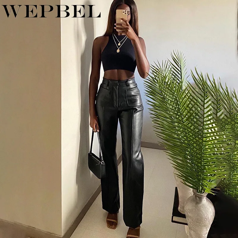 

WEPBEL Women's Fashion Solid Color PU Pants Spring and Autumn Leisure High Waist Stitching Straight-Leg Pants