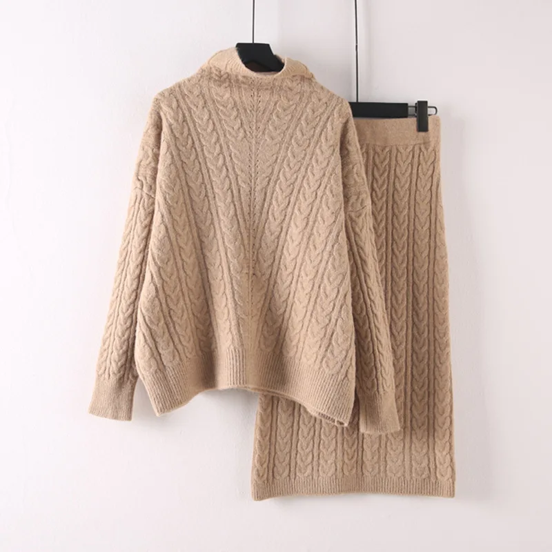 2019 вязаный женский комплект 2 шт. с длинными рукавами водолазка свитер + юбка