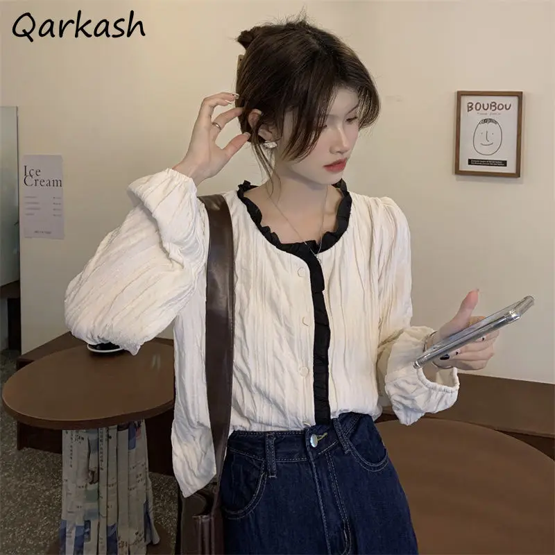 

Spring Shirts Women Patchwork Design Tops Leisure Cute Clothing All-match Simple O-neck Hot Sale Stylish Vintage Prevalent Ins