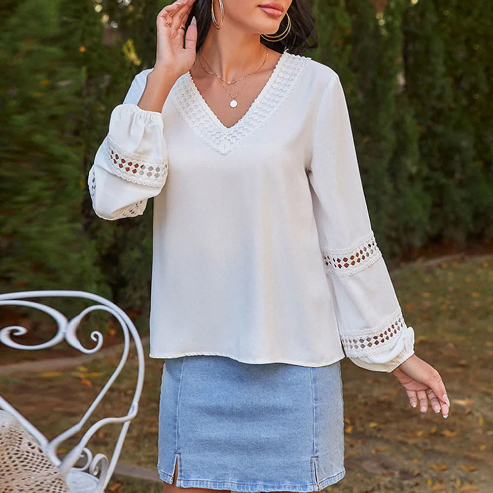 

Western Style Ladies Blouse Spring Autumn Fashion Temperament Loose Casual Simple Hot Sale Hollow Out Puff Sleeve V-neck
