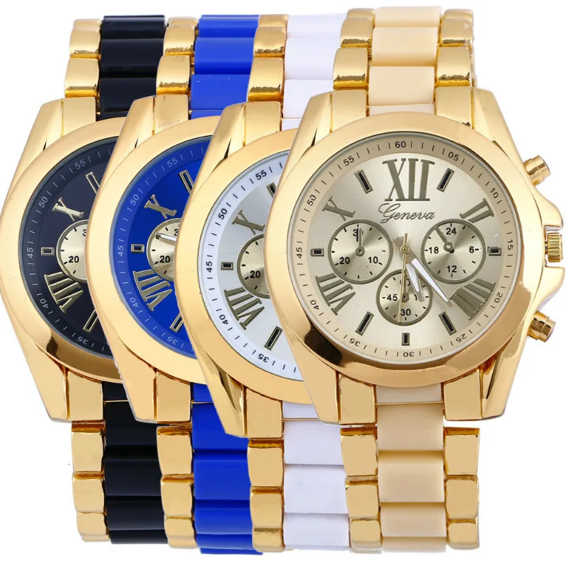 

Fashion Geneva Gold Alloy Silicone Strap For Men Sports Three Eyes Roman Numerals Clock Mens Quartz Wristwatches Women Watches