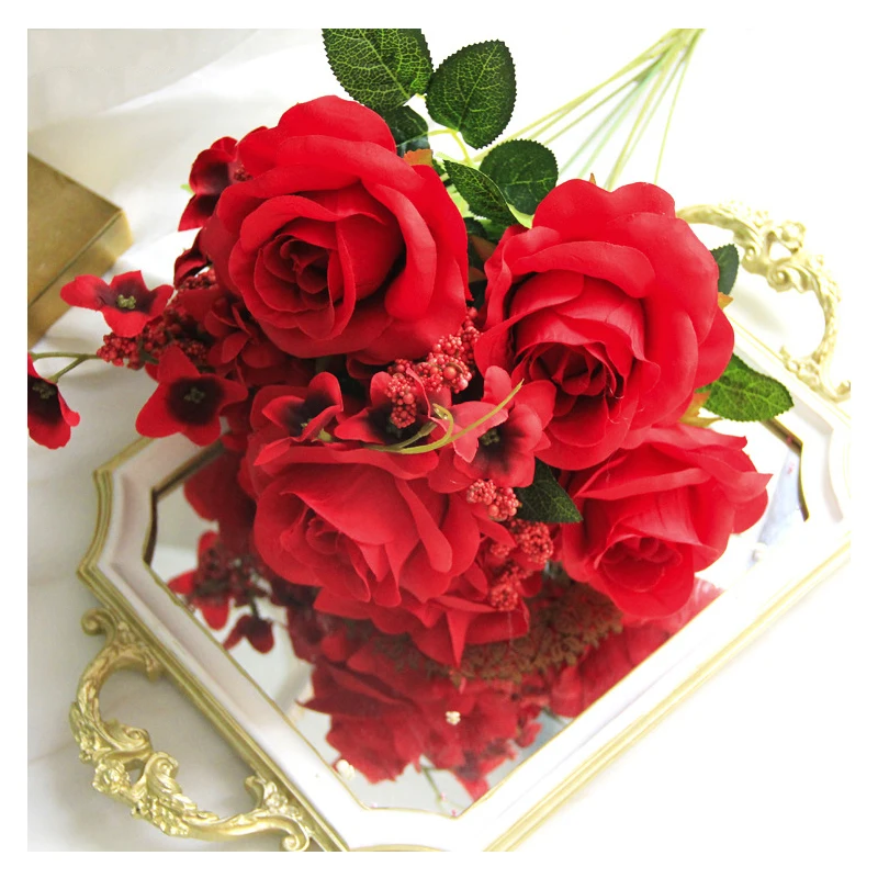 

Artificial roses bouquet silk flower for Wedding valentine's day party christmas autumn decoration pink champagne red flower