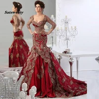 saudi arabia burgundy evening gowns mermaid appliques elegant evening wear long sleeves beaded formal prom party gowns