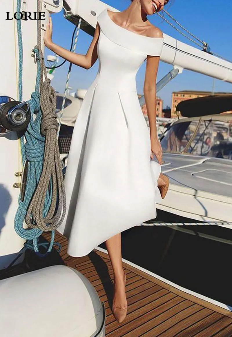 Lorie A-Line атласные свадебные платья плюс размер Короткие свадебные платья с открытыми плечами Vestidos свадебные платья
