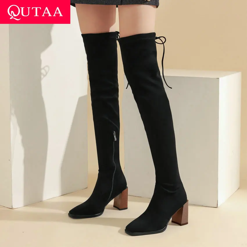 

QUTAA 2021 Square High Heel Over The Knee Boots PU Flock Square Toe Women Shoes Winter Lace Up Zipper Long Boots Big Size 34-43