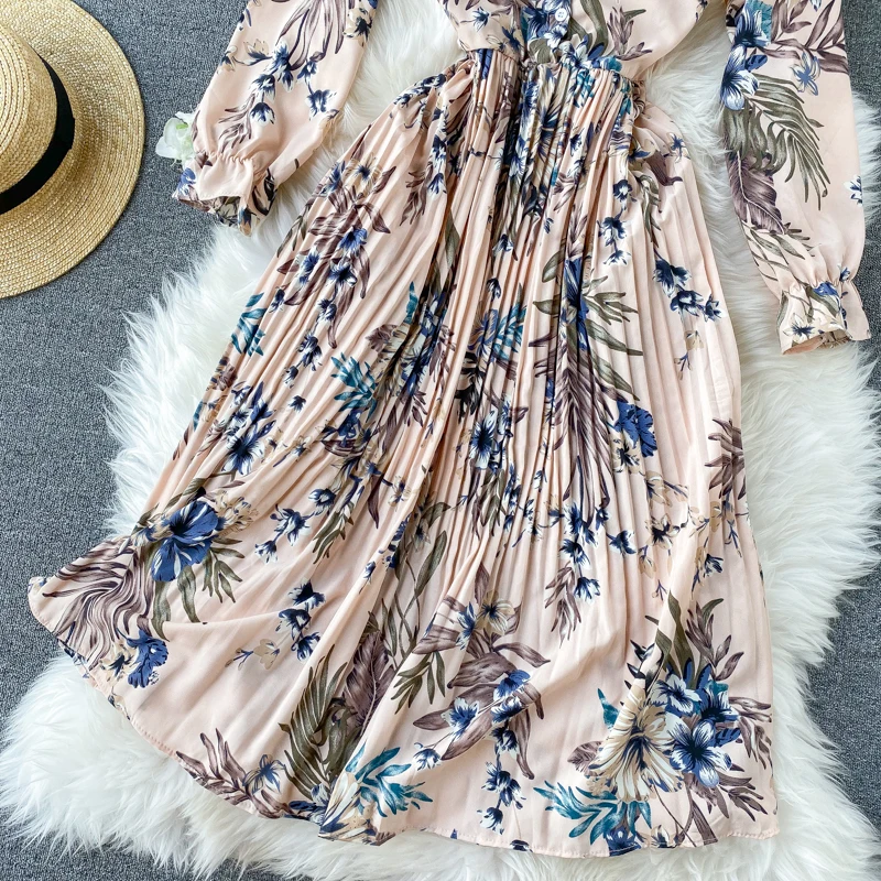 

Boho Vacation Beach Pleated Dress Women Stand Collar Flare Long Sleeve Floral Print Dresses Female Robe Autumn New Fashion 2021