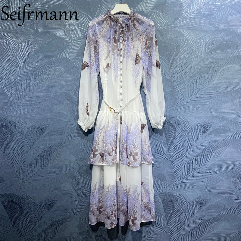 

Женское дизайнерское праздничное платье Seifrmann, длинное однобортное платье с рукавами-фонариками и поясом, лето 2021
