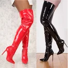 Женские красные блестящие сапоги выше колена из лакированной кожи с острым носком, большие размеры, модные новые сапоги до бедра