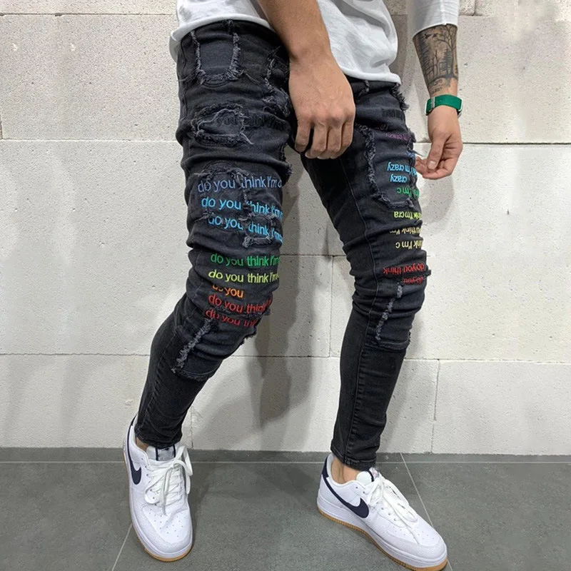 New Men Jeans Denim Pants Letter Print Worn Patch Elastic Fashion Casual Slim Mens Pants Pencil Pants Men Trend Plus Size Jeans