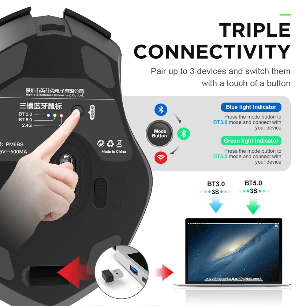 Беспроводная Бесшумная мышь Bluetooth 2 4G перезаряжаемая эргономичная для компьютера