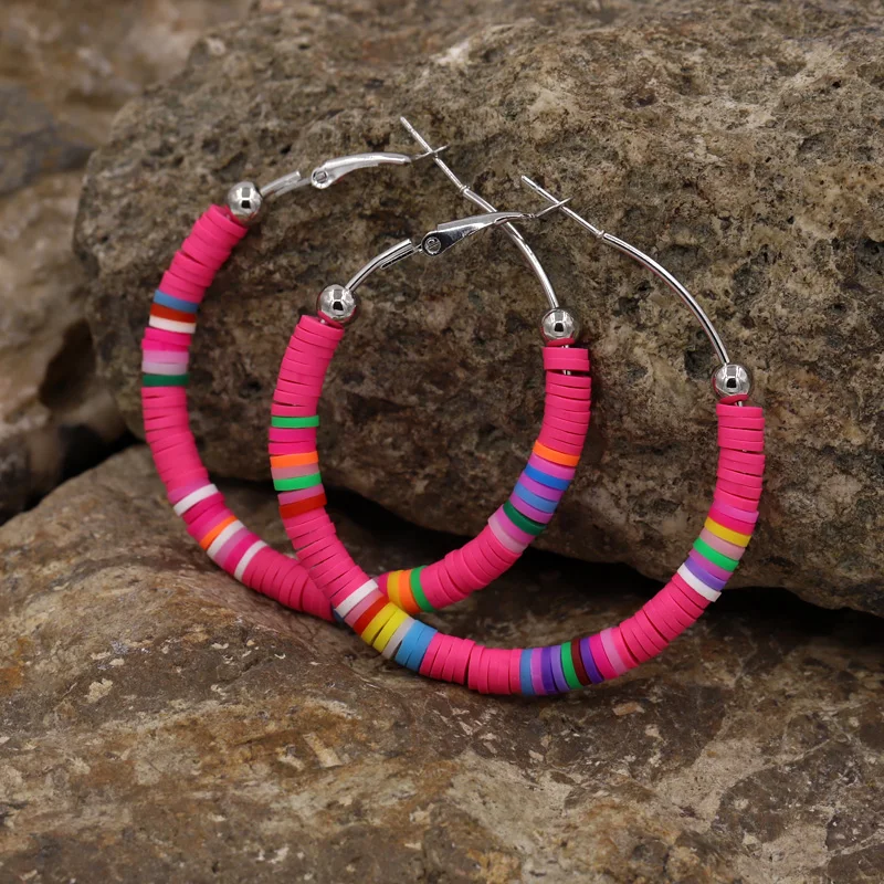 

Bohemian Round Earrings for Women Colorful Polymer Clay Spacer Beads Statement Jewelry Hoop Earrings Accessories Gift